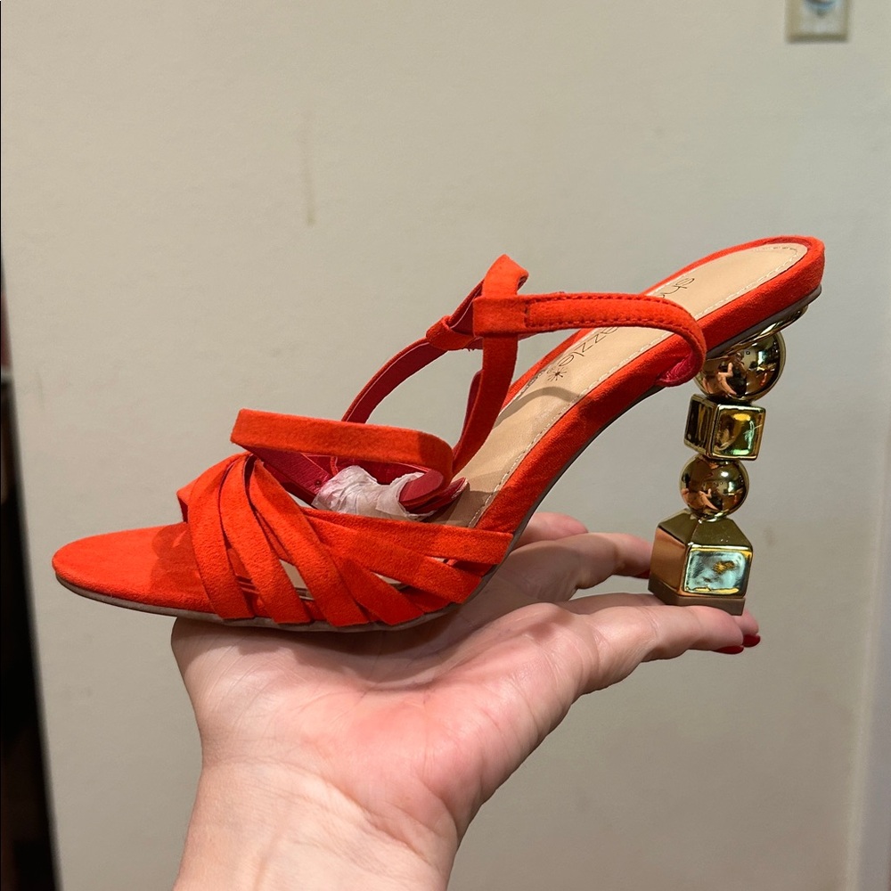 Shoe Dazzle Red Strappy Heels with Gold Accents - Picture 1 of 5